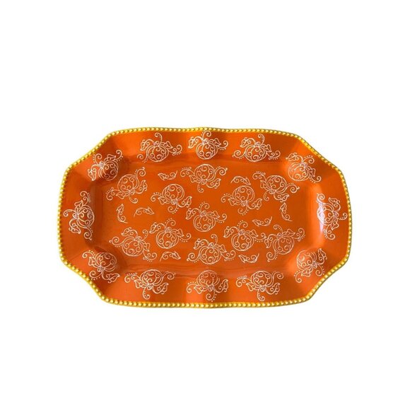 Tara Temptations Pumpkin Floral Lace Platter Serving Tray  Orange 16 In X 10 In - Picture 2 of 8